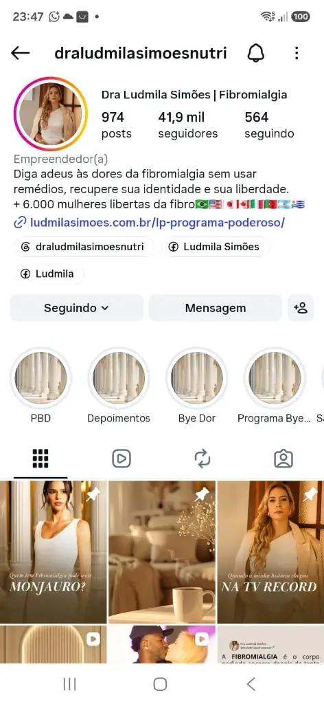 Perfil no Instagram da Dra. Ludmila Simões (@draludmilasimoesnutri), 41,9 mil seguidores